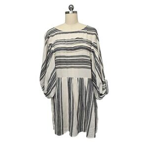 Free People Striped Gauze Mini Dress Smocked Waist Balloon Sleeve‎ Ivory Black S